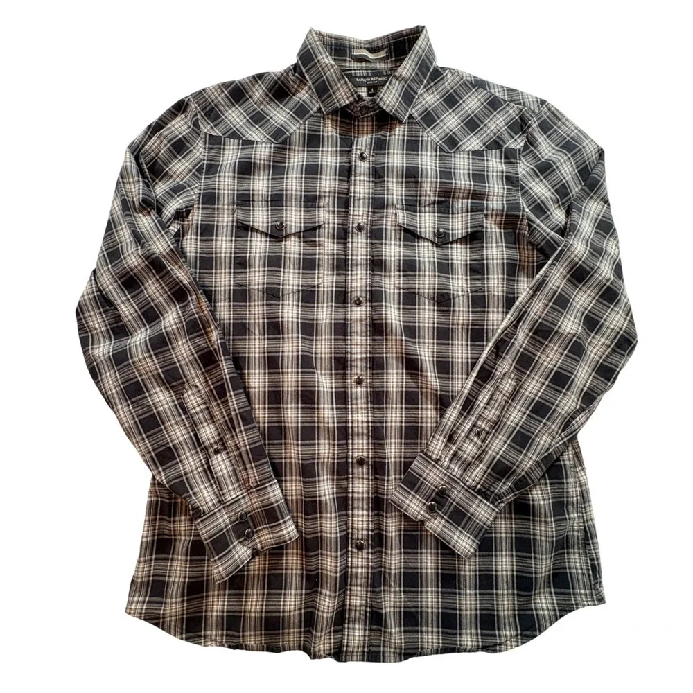 Banana Republic Western Shirt Mens Large Slim Fit Black White Plaid Snap Front